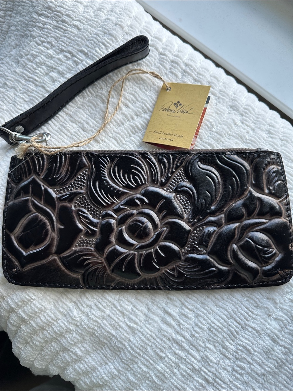 Patricia Nash Black Embossed Floral Leather Wristlet